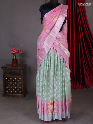 Cotton zari kota unstitched lehenga teal green and light pink with geometric zari weaves & jamdhani weaving