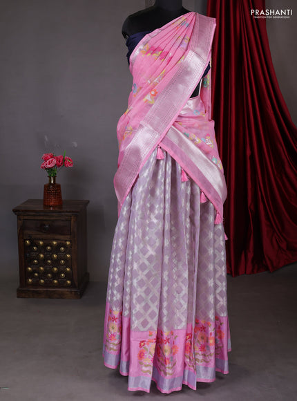 Cotton zari kota unstitched lehenga pastel lavender and light pink with geometric zari weaves & jamdhani weaving