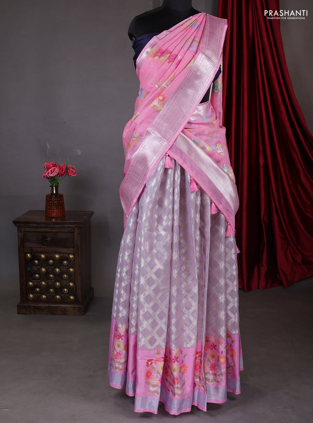 Cotton zari kota unstitched lehenga pastel lavender and light pink with geometric zari weaves & jamdhani weaving
