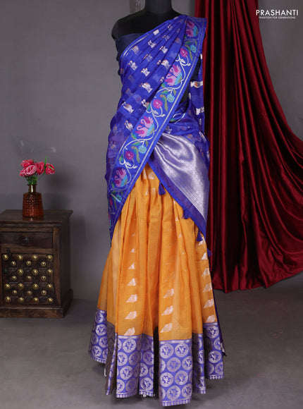 Cotton zari kota unstitched lehenga mustard yellow and blue with silver zari woven geometric buttas