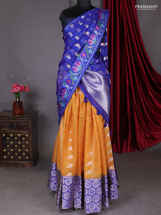 Cotton zari kota unstitched lehenga mustard yellow and blue with silver zari woven geometric buttas