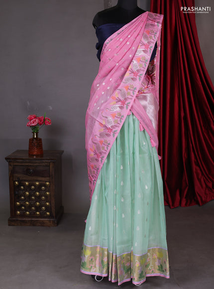 Cotton zari kota unstitched lehenga teal green and peach pink with silver zari buttas & jamdhani weaves