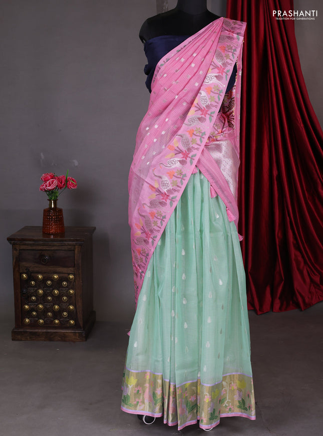 Cotton zari kota unstitched lehenga teal green and peach pink with silver zari buttas & jamdhani weaves
