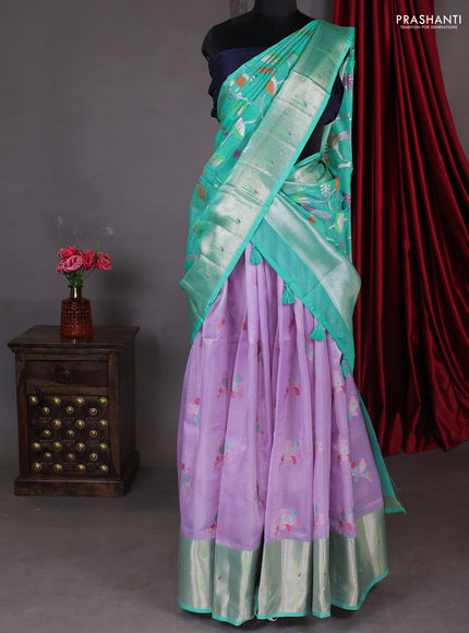 Cotton zari kota unstitched lehenga lavender and teal green with allover jamdhani weaves