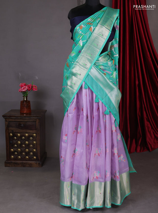 Cotton zari kota unstitched lehenga lavender and teal green with allover jamdhani weaves