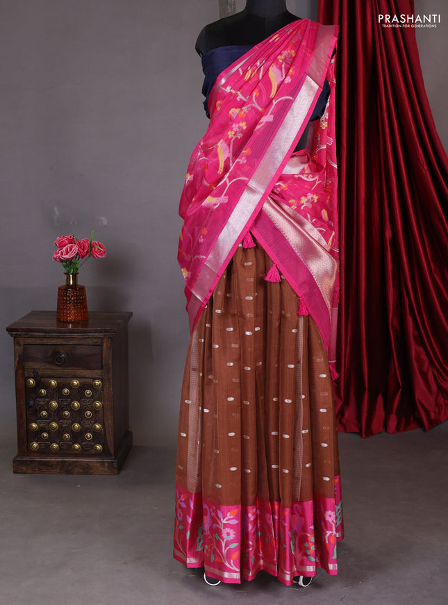 Cotton zari kota unstitched lehenga brown and magenta pink with silver zari buttas & jamdhani weaves
