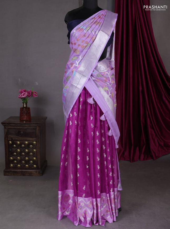 Cotton zari kota unstitched lehenga magenta pink and lavender with silver zari buttas & jamdhani weaves