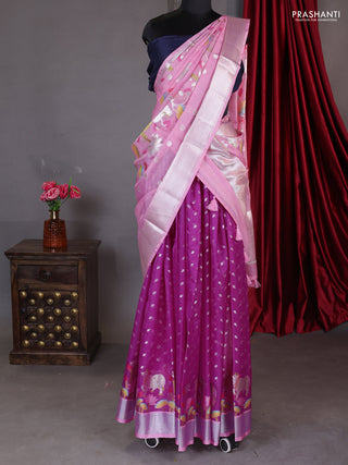 Cotton zari kota unstitched lehenga light pink and purple with silver zari buttas & jamdhani weaves