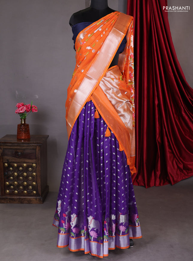 Cotton zari kota unstitched lehenga violet and orange with silver zari buttas & jamdhani weaves