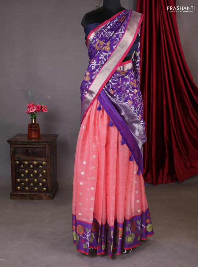 Cotton zari kota unstitched lehenga peach shade and violet with silver zari buttas & jamdhani weaves