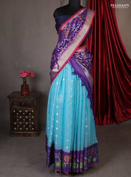 Cotton zari kota unstitched lehenga teal blue and blue with silver zari buttas & jamdhani weaves