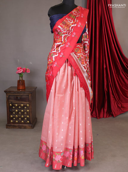 Cotton tissue zari kota unstitched lehenga peach shade and maroon with silver zari buttas & jamdhani weaves