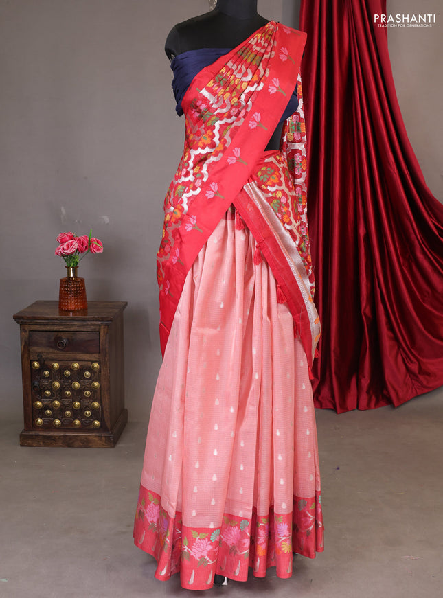 Cotton tissue zari kota unstitched lehenga peach shade and maroon with silver zari buttas & jamdhani weaves