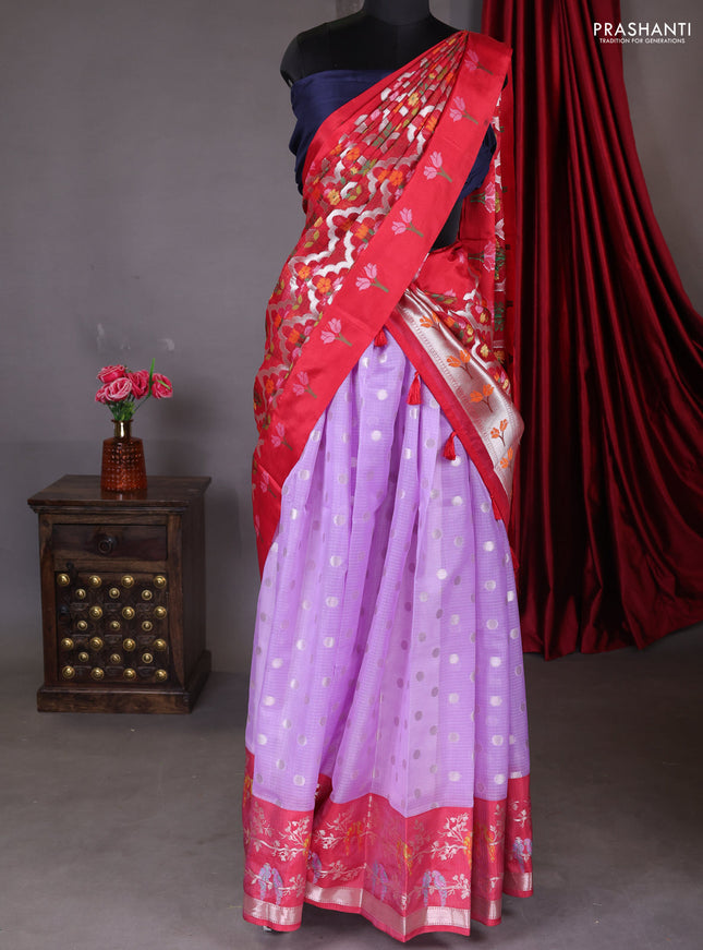 Cotton zari kota unstitched lehenga lavender and maroon with silver zari buttas & jamdhani weaves