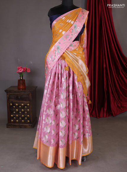 Cotton zari kota unstitched lehenga light pink and mustard yellow with allover jamdhani weaves