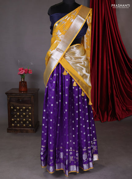 Cotton zari kota unstitched lehenga yellow and violet with allover silver zari weaves