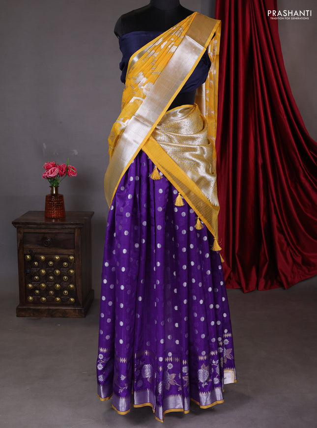 Cotton zari kota unstitched lehenga yellow and violet with allover silver zari weaves