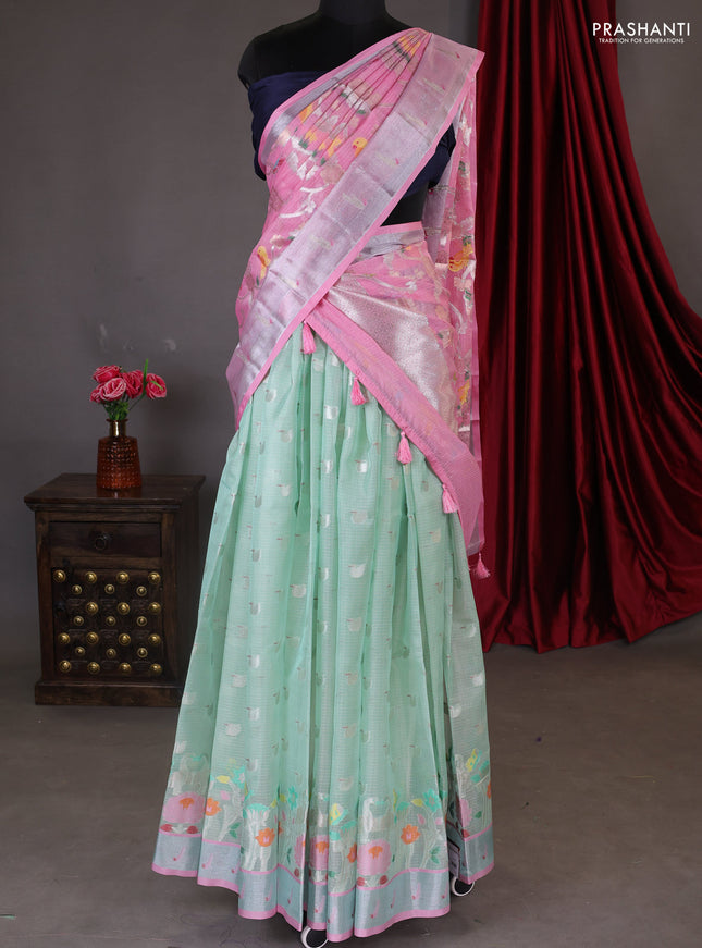 Cotton zari kota unstitched lehenga teal green and light pink with silver zari buttas & jamdhani weaves