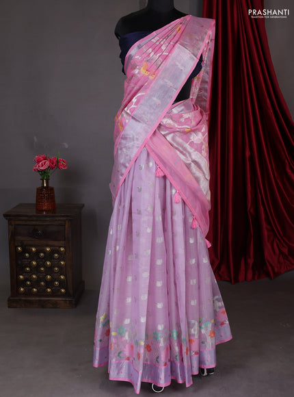 Cotton zari kota unstitched lehenga pastel lavender and light pink with silver zari buttas & jamdhani weaves