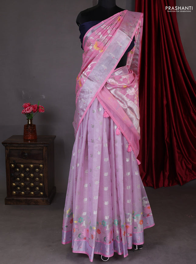 Cotton zari kota unstitched lehenga pastel lavender and light pink with silver zari buttas & jamdhani weaves
