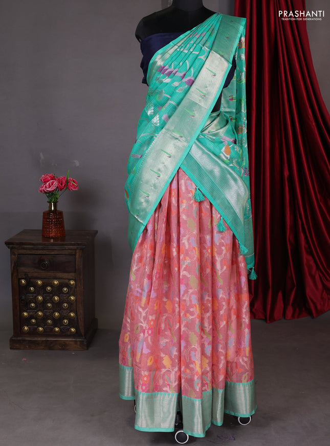 Cotton zari kota unstitched lehenga peach pink and teal green with allover jamdhani weaves