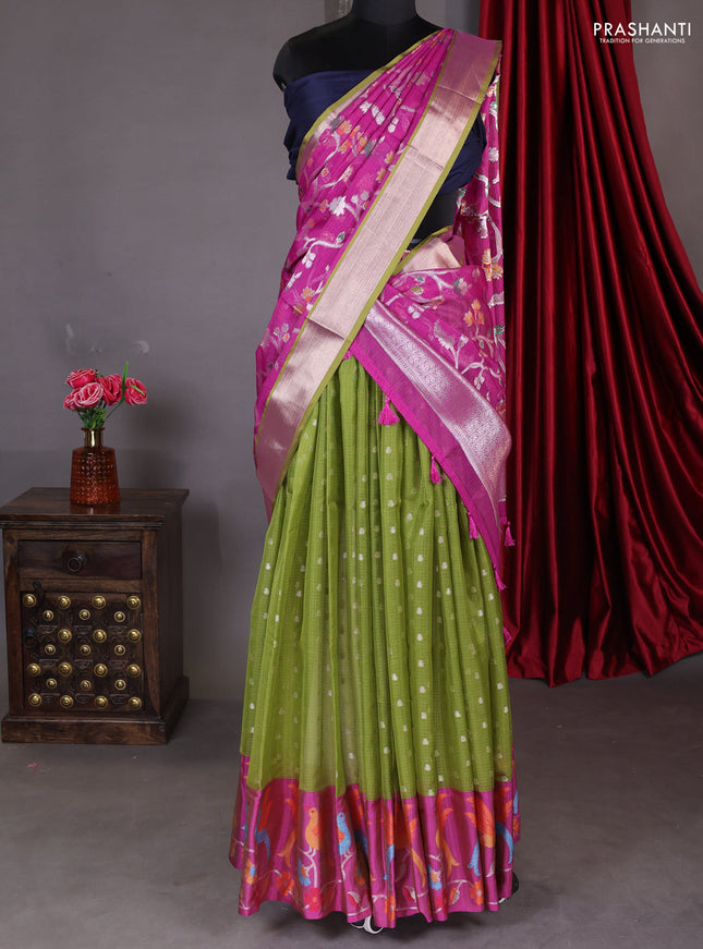 Cotton zari kota unstitched lehenga light green and purple with silver zari buttas & jamdhani weaves