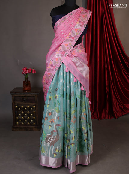 Cotton zari kota unstitched lehenga teal blue and light pink with allover jamdhani weaves