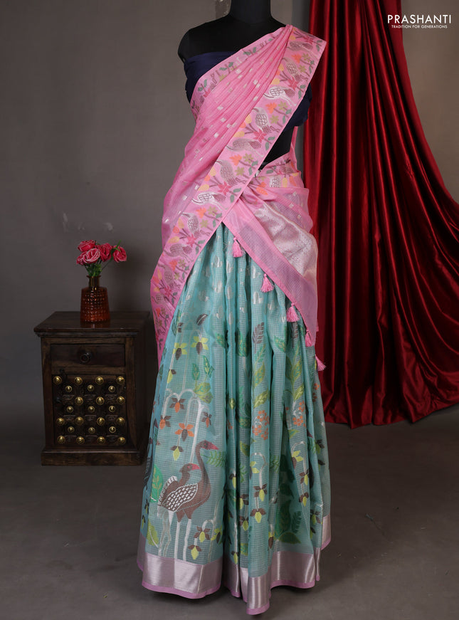 Cotton zari kota unstitched lehenga teal blue and light pink with allover jamdhani weaves