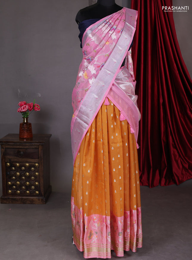 Cotton zari kota unstitched lehenga orange and peach pink with allover jamdhani weaves