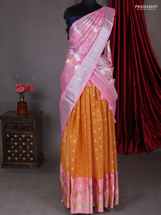 Cotton zari kota unstitched lehenga orange and peach pink with allover jamdhani weaves
