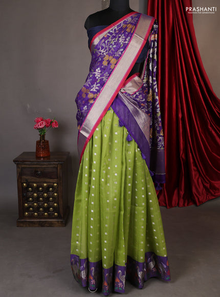 Cotton zari kota unstitched lehenga light green and blue with zari buttas & jamdhani weaves