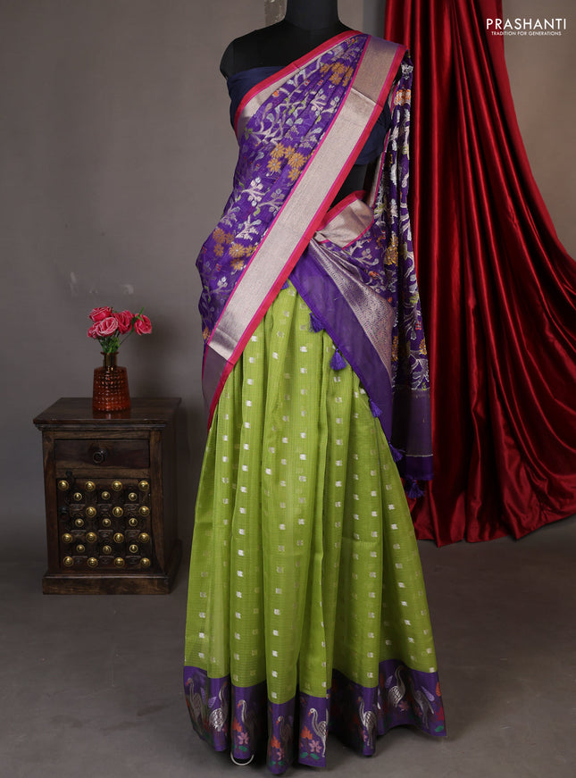 Cotton zari kota unstitched lehenga light green and blue with zari buttas & jamdhani weaves