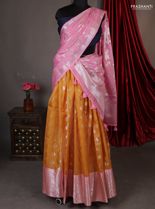 Cotton zari kota unstitched lehenga mango yellow and peach shade with allover zari buttas