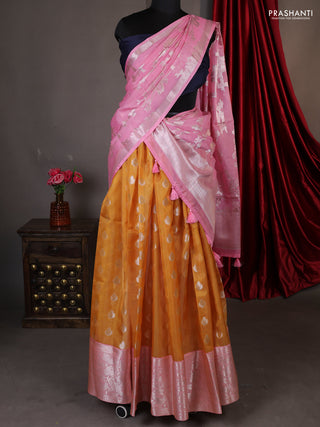 Cotton zari kota unstitched lehenga mango yellow and peach shade with allover zari buttas