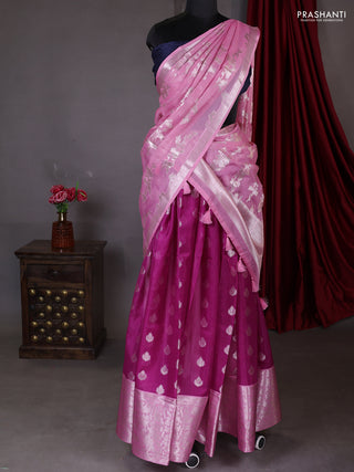Cotton zari kota unstitched lehenga purple and light pink with allover zari buttas