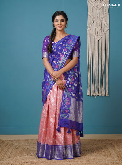 Cotton zari kota unstitched lehenga peach orange and blue with allover silver zari weaves