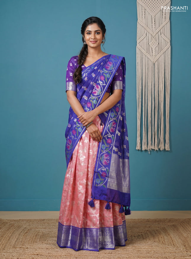 Cotton zari kota unstitched lehenga peach orange and blue with allover silver zari weaves