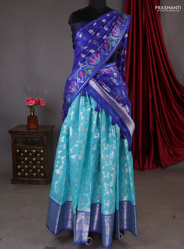Cotton zari kota unstitched lehenga teal blue and blue with allover silver zari weaves