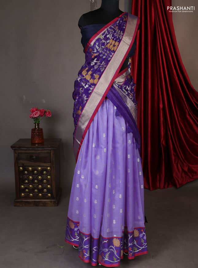 Cotton zari kota unstitched lehenga lavender and violet with silver zari buttas & jamdhani weaves