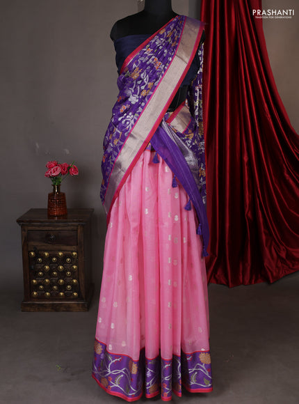 Cotton zari kota unstitched lehenga light pink and blue with silver zari buttas & jamdhani weaves