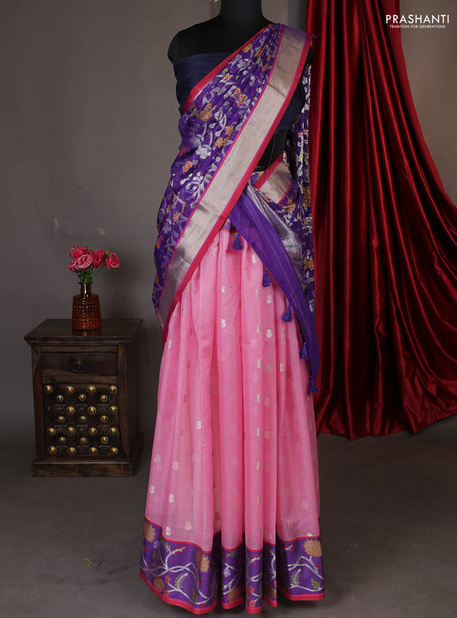 Cotton zari kota unstitched lehenga light pink and blue with silver zari buttas & jamdhani weaves