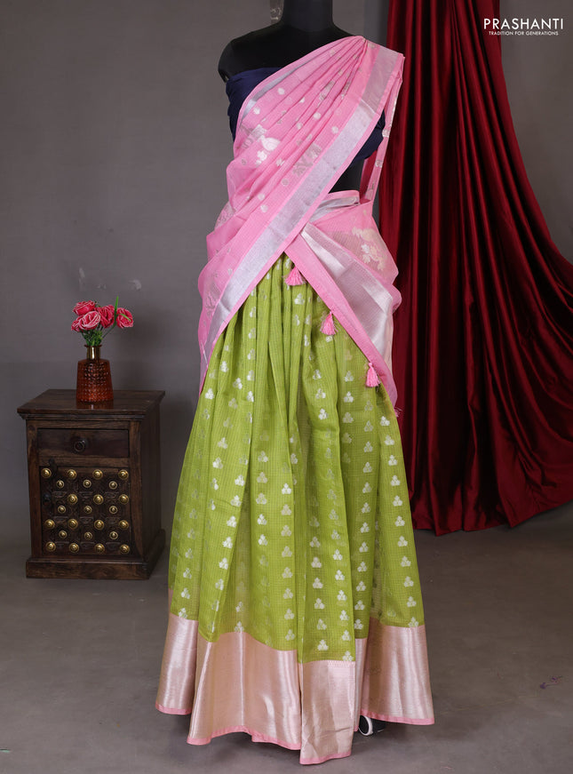 Cotton zari kota unstitched lehenga lime green and peach pink with silver zari buttas & jamdhani weaves