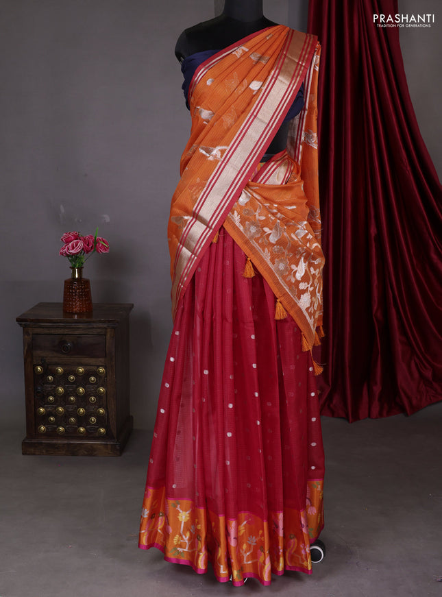 Cotton zari kota unstitched lehenga red and orange with silver zari buttas & jamdhani weaves