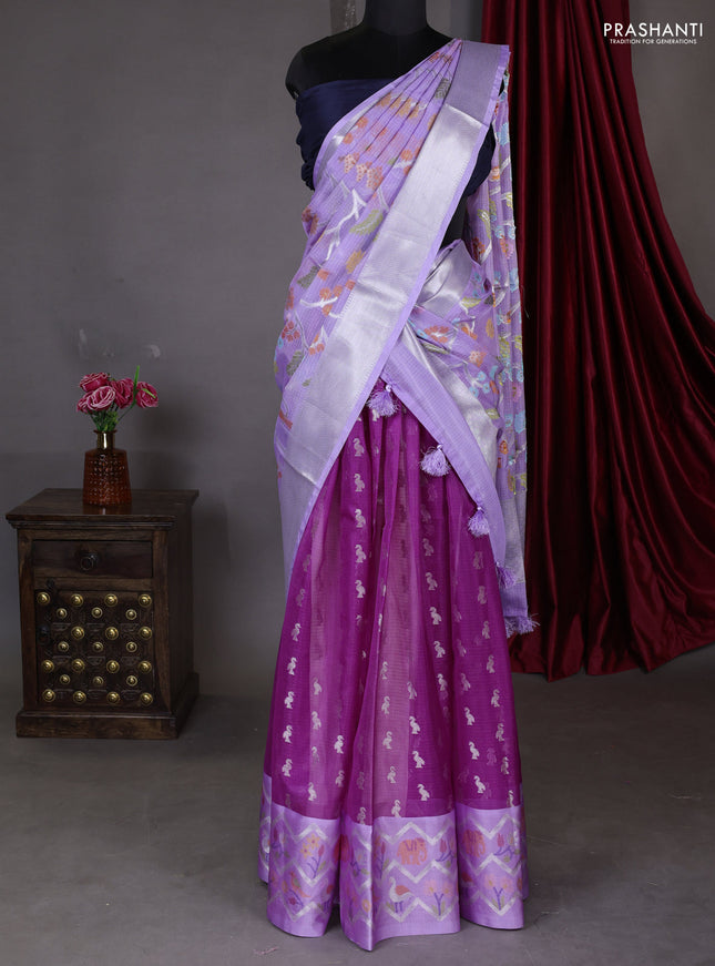Cotton zari kota unstitched lehenga magenta pink and lavender with silver zari buttas & jamdhani weaves