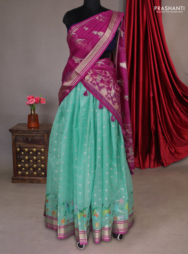 Cotton zari kota unstitched lehenga teal blue and purple with allover zari buttas