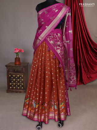 Cotton zari kota unstitched lehenga rust shade and purple with allover zari buttas