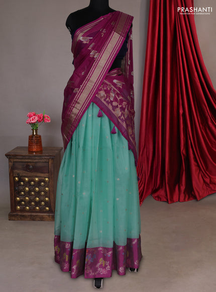 Cotton zari kota unstitched lehenga teal blue and purple with allover zari buttas