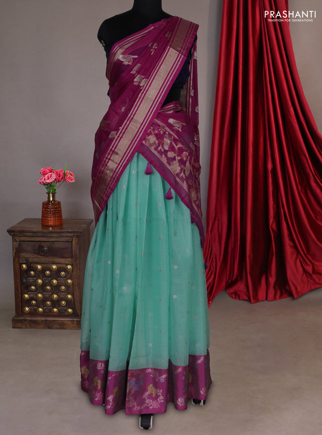 Cotton zari kota unstitched lehenga teal blue and purple with allover zari buttas