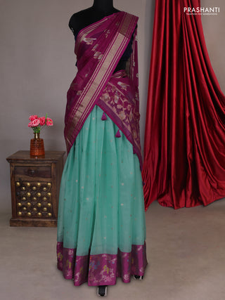 Cotton zari kota unstitched lehenga teal blue and purple with allover zari buttas