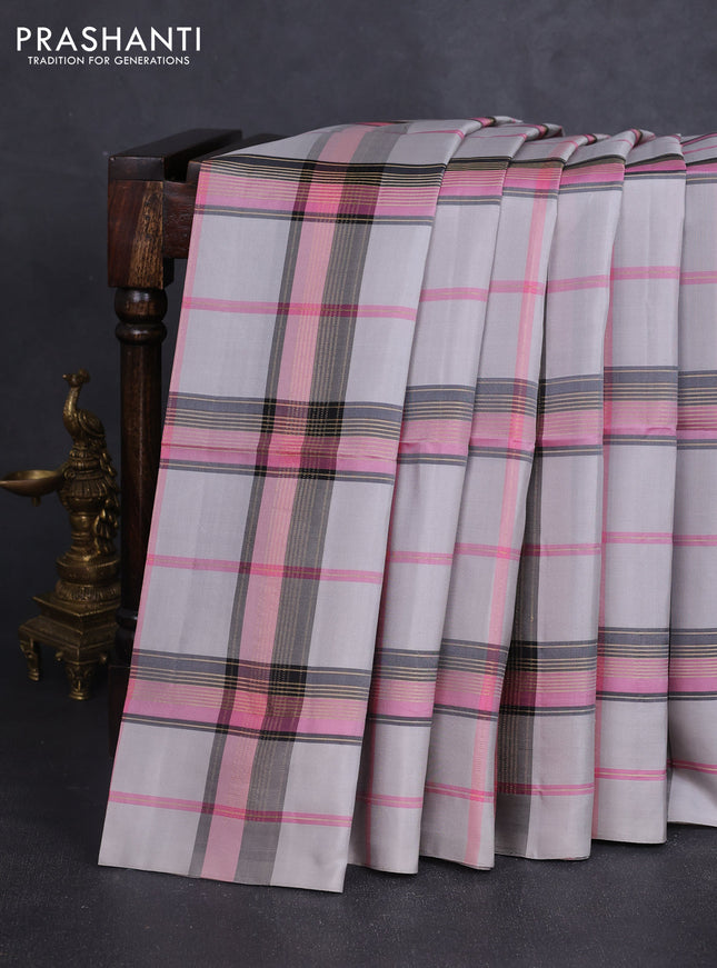 Pure soft silk saree grey and light pink with allover zari checked pattern in borderless style